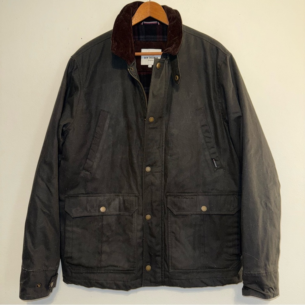 BEN SHERMAN Waxed Oil Water Resistant Canvas Lined Plaid Utility Jacket Coat L